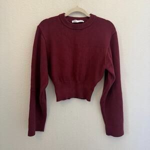 ZARA Cropped Knit Sweater Burgundy Ribbed Hem Crew Neck Long Sleeve Womens M Top